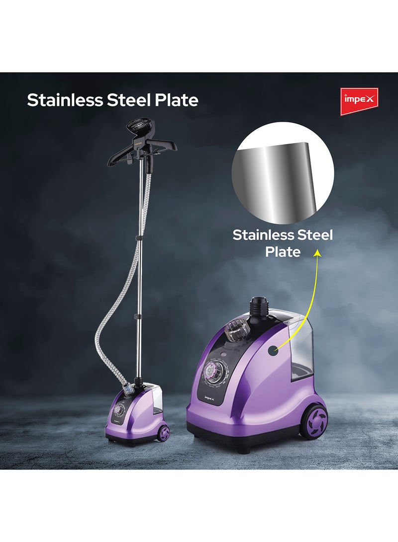 Impex - Electric Garment Steamer, 1950W, 38s Preheat, 32g/min Steam Rate, 1.3L WaterTank, 40Min Runtime, AdjustableAluminum Pole, Coat Hanger, Brush & GloveAccessories, Hairbrush Head 1.3 L 1950 W GSM 6010 Purple/Black/Clear - Image 1