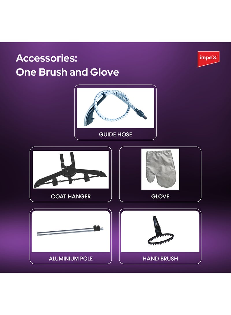 Impex - Electric Garment Steamer, 1950W, 38s Preheat, 32g/min Steam Rate, 1.3L WaterTank, 40Min Runtime, AdjustableAluminum Pole, Coat Hanger, Brush & GloveAccessories, Hairbrush Head 1.3 L 1950 W GSM 6010 Purple/Black/Clear - Image 1