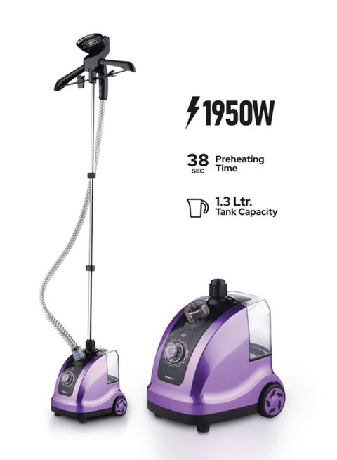Electric Garment Steamer, 1950W, 38s Preheat, 32g/min Steam Rate, 1.3L WaterTank, 40Min Runtime, AdjustableAluminum Pole, Coat Hanger, Brush & GloveAccessories, Hairbrush Head 1.3 L 1950 W GSM 6010 Purple/Black/Clear