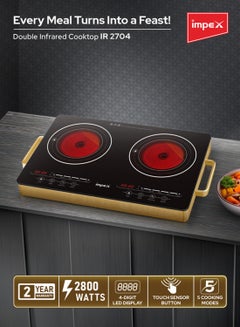 Impex Double Infrared Cooktop, 2 Burner Electric Stove with 4-Digit LED Display, Touch Sensor Control, 5 Cooking Modes, 8 Power Levels, 4-Hour Timer, Micro Crystal Plate, Overheat Protection, Universal Pot Compatibility, 2800W, 220-240V Input IR 2704 Black/Red/Gold  - Image 2