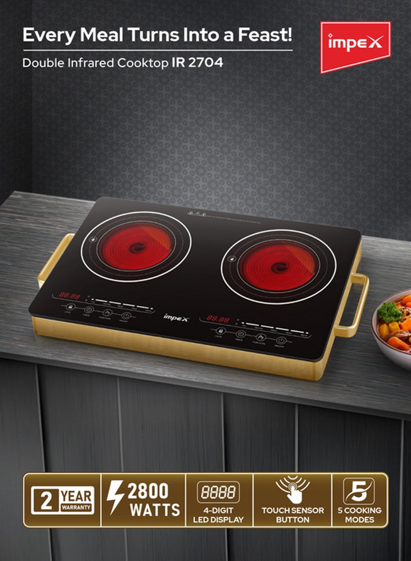 Impex - Double Infrared Cooktop, 2 Burner Electric Stove with 4-Digit LED Display, Touch Sensor Control, 5 Cooking Modes, 8 Power Levels, 4-Hour Timer, Micro Crystal Plate, Overheat Protection, Universal Pot Compatibility, 2800W, 220-240V Input IR 2704 Black/Red/Gold - Image 1