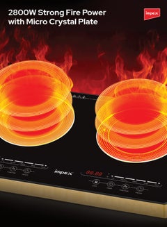 Impex Double Infrared Cooktop, 2 Burner Electric Stove with 4-Digit LED Display, Touch Sensor Control, 5 Cooking Modes, 8 Power Levels, 4-Hour Timer, Micro Crystal Plate, Overheat Protection, Universal Pot Compatibility, 2800W, 220-240V Input IR 2704 Black/Red/Gold  - Image 4