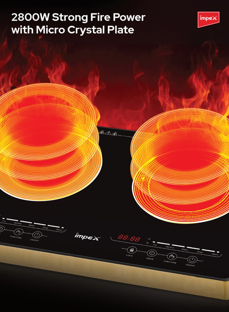 Impex - Double Infrared Cooktop, 2 Burner Electric Stove with 4-Digit LED Display, Touch Sensor Control, 5 Cooking Modes, 8 Power Levels, 4-Hour Timer, Micro Crystal Plate, Overheat Protection, Universal Pot Compatibility, 2800W, 220-240V Input IR 2704 Black/Red/Gold - Image 1
