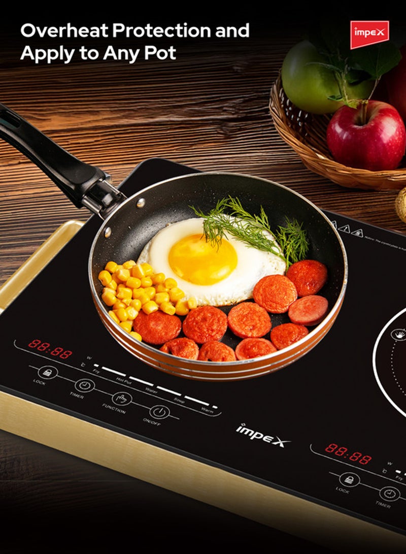 Impex - Double Infrared Cooktop, 2 Burner Electric Stove with 4-Digit LED Display, Touch Sensor Control, 5 Cooking Modes, 8 Power Levels, 4-Hour Timer, Micro Crystal Plate, Overheat Protection, Universal Pot Compatibility, 2800W, 220-240V Input IR 2704 Black/Red/Gold - Image 1