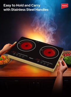 Impex Double Infrared Cooktop, 2 Burner Electric Stove with 4-Digit LED Display, Touch Sensor Control, 5 Cooking Modes, 8 Power Levels, 4-Hour Timer, Micro Crystal Plate, Overheat Protection, Universal Pot Compatibility, 2800W, 220-240V Input IR 2704 Black/Red/Gold  - Image 5
