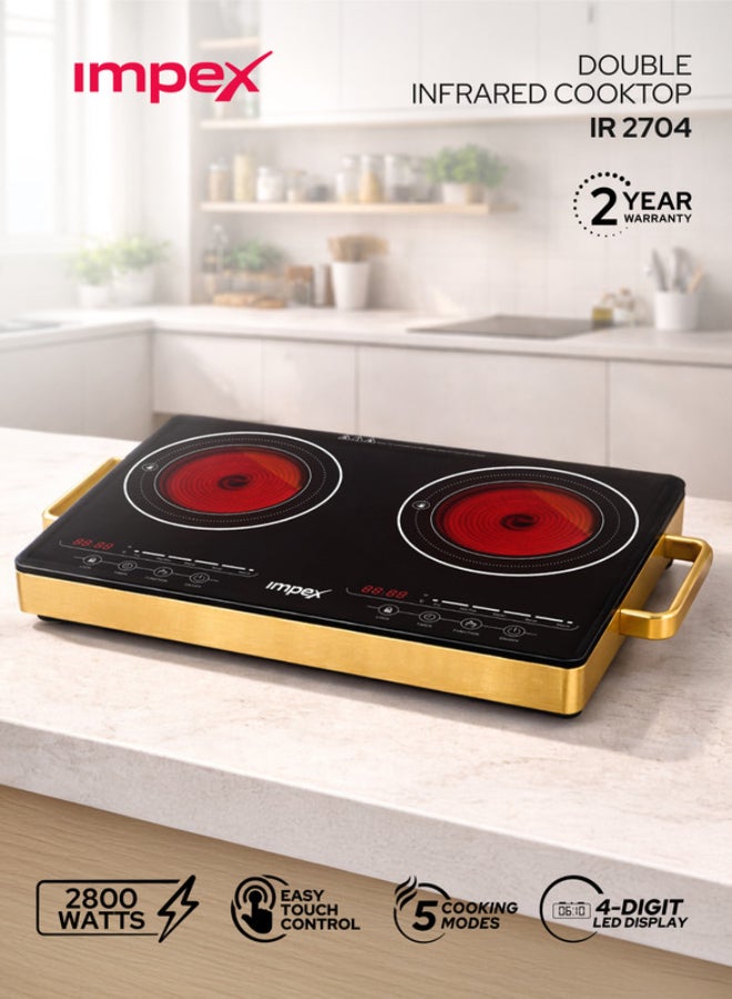 Impex Double Infrared Cooker Cooktop, 2 Burner Electric Stove with 4-Digit LED Display, Touch Sensor Control, 5 Cooking Modes, 8 Power Levels, 4-Hour Timer, Micro Crystal Plate, Overheat Protection, Universal Pot Compatibility, 2800W, 220-240V Input IR 2704 Black/Red/Gold - Image 1