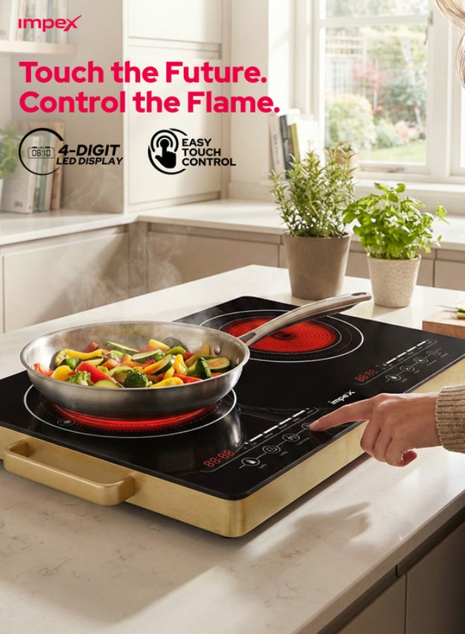 Impex Double Infrared Cooker Cooktop, 2 Burner Electric Stove with 4-Digit LED Display, Touch Sensor Control, 5 Cooking Modes, 8 Power Levels, 4-Hour Timer, Micro Crystal Plate, Overheat Protection, Universal Pot Compatibility, 2800W, 220-240V Input IR 2704 Black/Red/Gold - Image 3