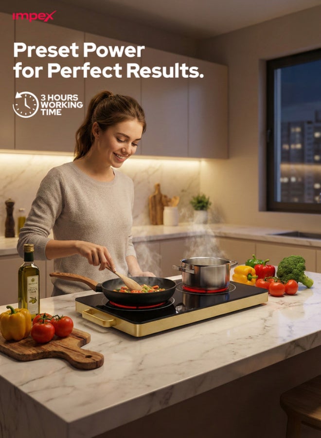 Impex Double Infrared Cooker Cooktop, 2 Burner Electric Stove with 4-Digit LED Display, Touch Sensor Control, 5 Cooking Modes, 8 Power Levels, 4-Hour Timer, Micro Crystal Plate, Overheat Protection, Universal Pot Compatibility, 2800W, 220-240V Input IR 2704 Black/Red/Gold - Image 5