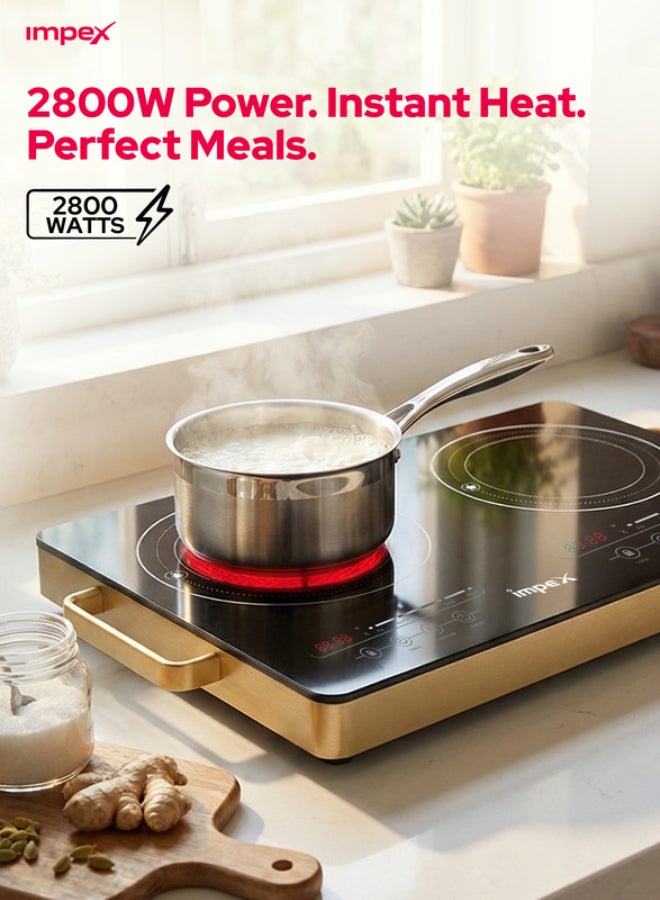 Impex Double Infrared Cooker Cooktop, 2 Burner Electric Stove with 4-Digit LED Display, Touch Sensor Control, 5 Cooking Modes, 8 Power Levels, 4-Hour Timer, Micro Crystal Plate, Overheat Protection, Universal Pot Compatibility, 2800W, 220-240V Input IR 2704 Black/Red/Gold - Image 2