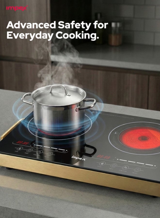 Impex Double Infrared Cooker Cooktop, 2 Burner Electric Stove with 4-Digit LED Display, Touch Sensor Control, 5 Cooking Modes, 8 Power Levels, 4-Hour Timer, Micro Crystal Plate, Overheat Protection, Universal Pot Compatibility, 2800W, 220-240V Input IR 2704 Black/Red/Gold - Image 4