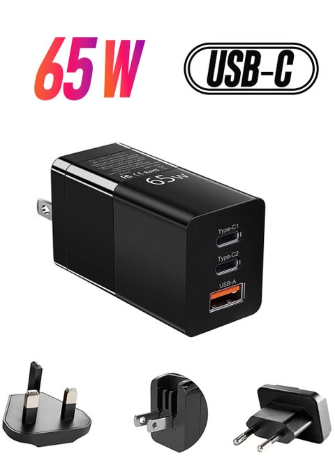 65W 3-Port Fast Wall Charger PD Fast Charging Compatible with MacBook Air/Apple iPhone 13/12/12 Pro/Max, Samsung Galaxy S22U/S21U/S20U, OnePlus, iPad, and More Black