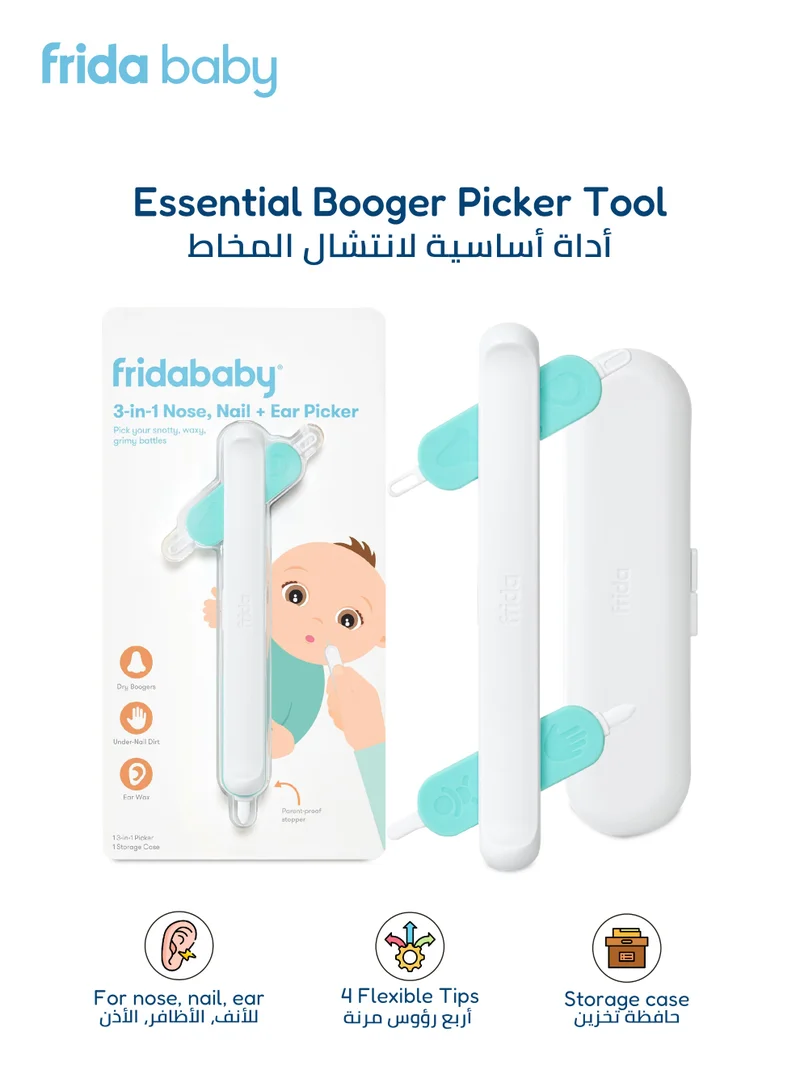 fridababy 3-in-1 Nose, Nail & Ear Picker – Baby Booger, Earwax & Under-Nail Cleaner – Safe, Gentle & Easy-to-Use Hygiene Tool for Newborns, Infants & Toddlers