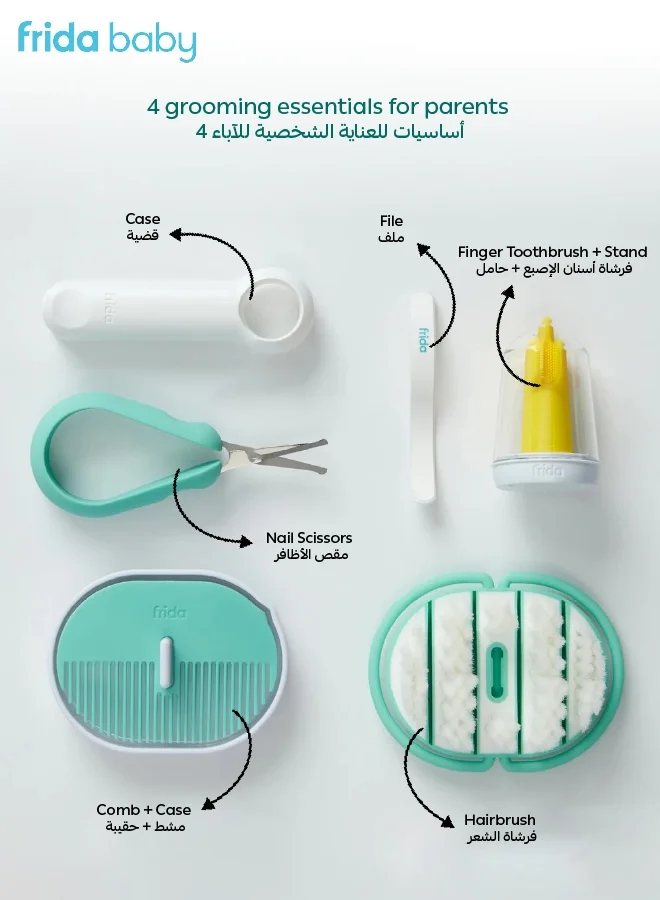 fridababy Baby Grooming Kit – 4-in-1 New born Care Set with Finger Toothbrush, Hairbrush & Comb, Easy Grip Nail Scissors & File – Baby Essentials for Safe & Gentle Grooming