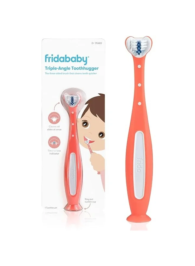 fridababy Triple-Angle Toothhugger Training Toothbrush – Toddler Oral Care, Soft Bristles, 3-Sided Cleaning, Easy Grip, Suction Base, Blue Bristles Fade for Replacement Reminder