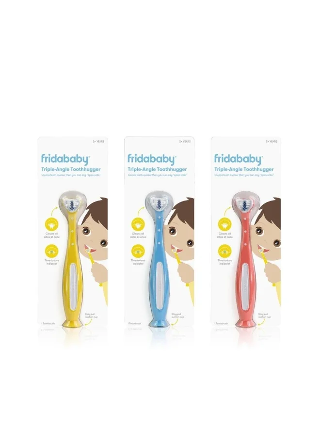 fridababy Triple-Angle Toothhugger Training Toothbrush – Toddler Oral Care, Soft Bristles, 3-Sided Cleaning, Easy Grip, Suction Base, Blue Bristles Fade for Replacement Reminder