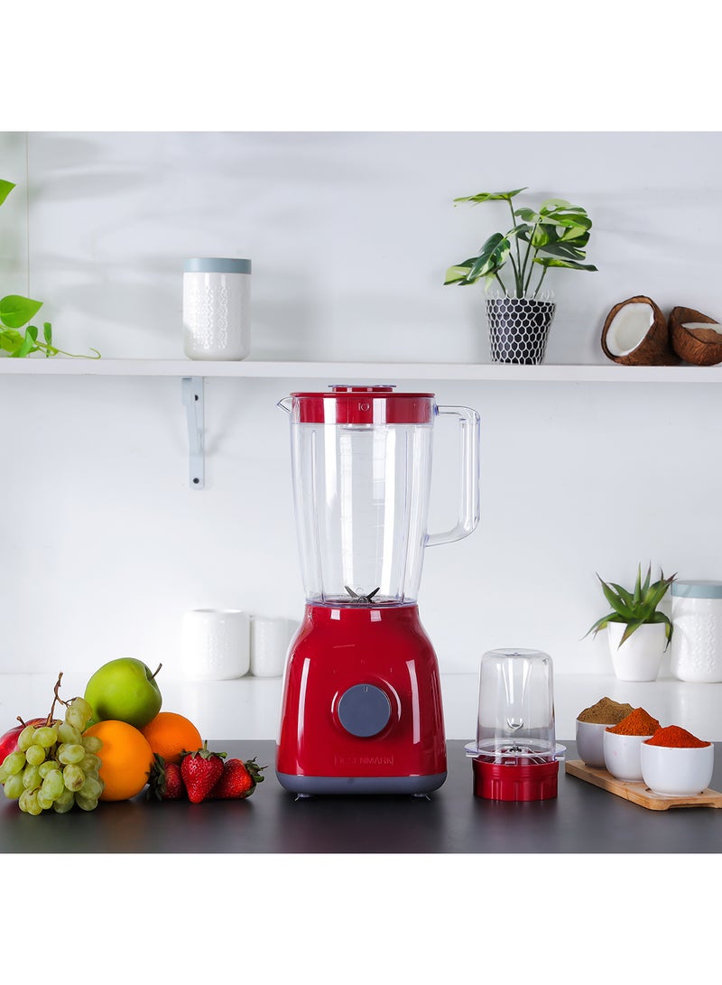 Olsenmark - 2-In-1 Blender 1.8L | 650W Powerful Motor With 2 Speed Setting And Pulse| Transparent And Unbreakable Jars With Stainless Steel Blade, Grinder Attachment 1.8 L 650 W OMSB2362N Red - Image 1
