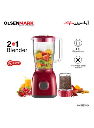 2-In-1 Blender 1.8L | 650W Powerful Motor With 2 Speed Setting And Pulse| Transparent And Unbreakable Jars With Stainless Steel Blade, Grinder Attachment 1.8 L 650 W OMSB2362N Red - pnsku/N45772200A/45/_/1716361621/eee81445-df73-4c4c-91c5-3d7d48893896