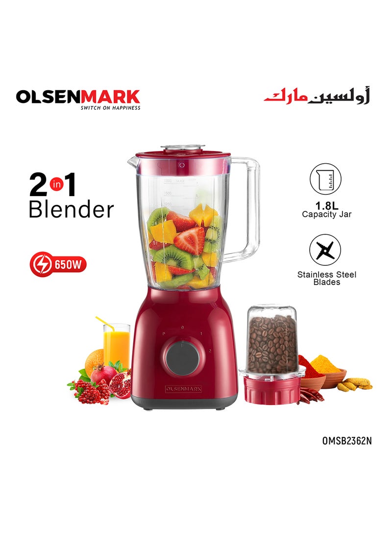 Olsenmark - 2-In-1 Blender 1.8L | 650W Powerful Motor With 2 Speed Setting And Pulse| Transparent And Unbreakable Jars With Stainless Steel Blade, Grinder Attachment 1.8 L 650 W OMSB2362N Red - Image 1