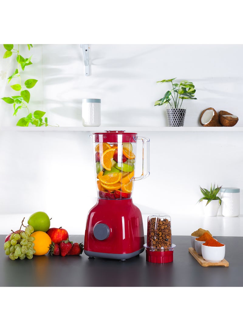 Olsenmark - 2-In-1 Blender 1.8L | 650W Powerful Motor With 2 Speed Setting And Pulse| Transparent And Unbreakable Jars With Stainless Steel Blade, Grinder Attachment 1.8 L 650 W OMSB2362N Red - Image 1