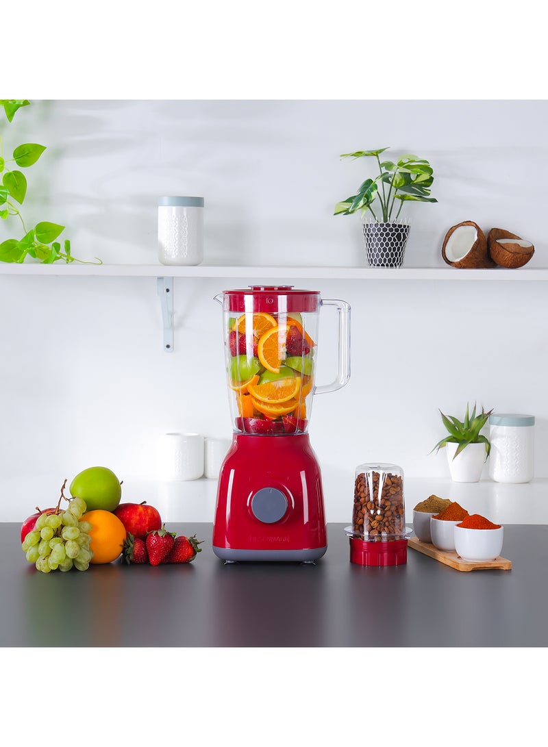 Olsenmark - 2-In-1 Blender 1.8L | 650W Powerful Motor With 2 Speed Setting And Pulse| Transparent And Unbreakable Jars With Stainless Steel Blade, Grinder Attachment 1.8 L 650 W OMSB2362N Red - Image 1
