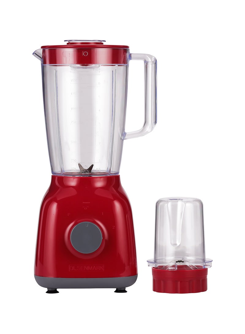 Olsenmark - 2-In-1 Blender 1.8L | 650W Powerful Motor With 2 Speed Setting And Pulse| Transparent And Unbreakable Jars With Stainless Steel Blade, Grinder Attachment 1.8 L 650 W OMSB2362N Red - Image 1