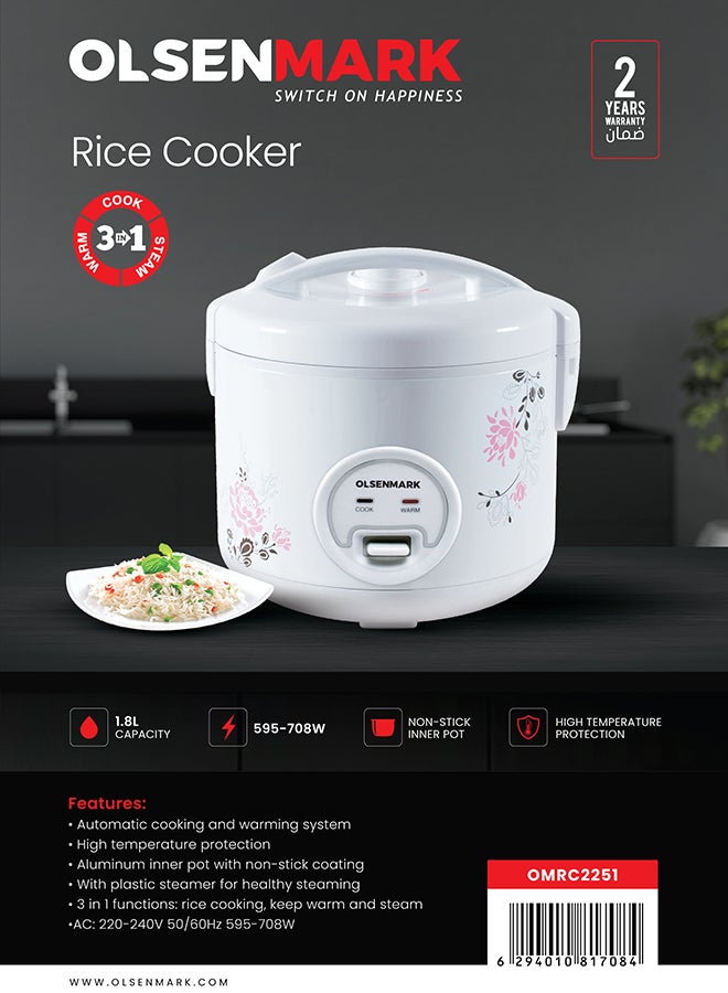3 in 1 Automatic Rice Cooker, 1.8 L Capacity, 3 in 1 Functions, Cook, Steam and Keep Warm, Aluminum Non-Stick Inner Pot and Plastic Steamer, Easy to Operate 1.8 L 708 W OMRC2251 White