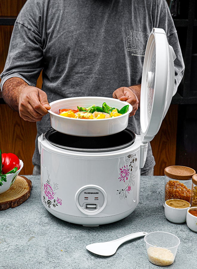 3 in 1 Automatic Rice Cooker, 1.8 L Capacity, 3 in 1 Functions, Cook, Steam and Keep Warm, Aluminum Non-Stick Inner Pot and Plastic Steamer, Easy to Operate 1.8 L 708 W OMRC2251 White