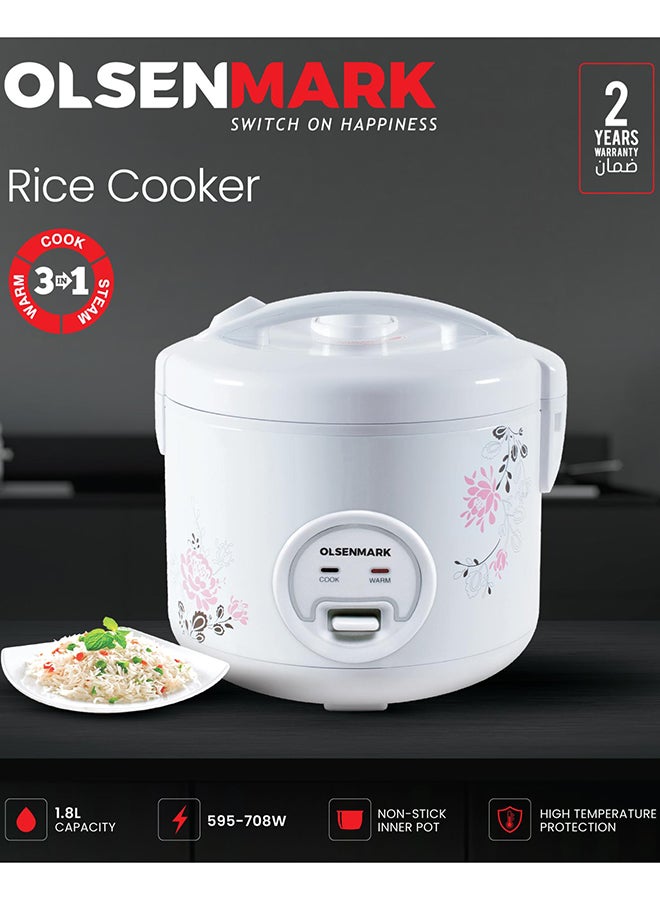 3 in 1 Automatic Rice Cooker, 1.8 L Capacity, 3 in 1 Functions, Cook, Steam and Keep Warm, Aluminum Non-Stick Inner Pot and Plastic Steamer, Easy to Operate 1.8 L 708 W OMRC2251 White