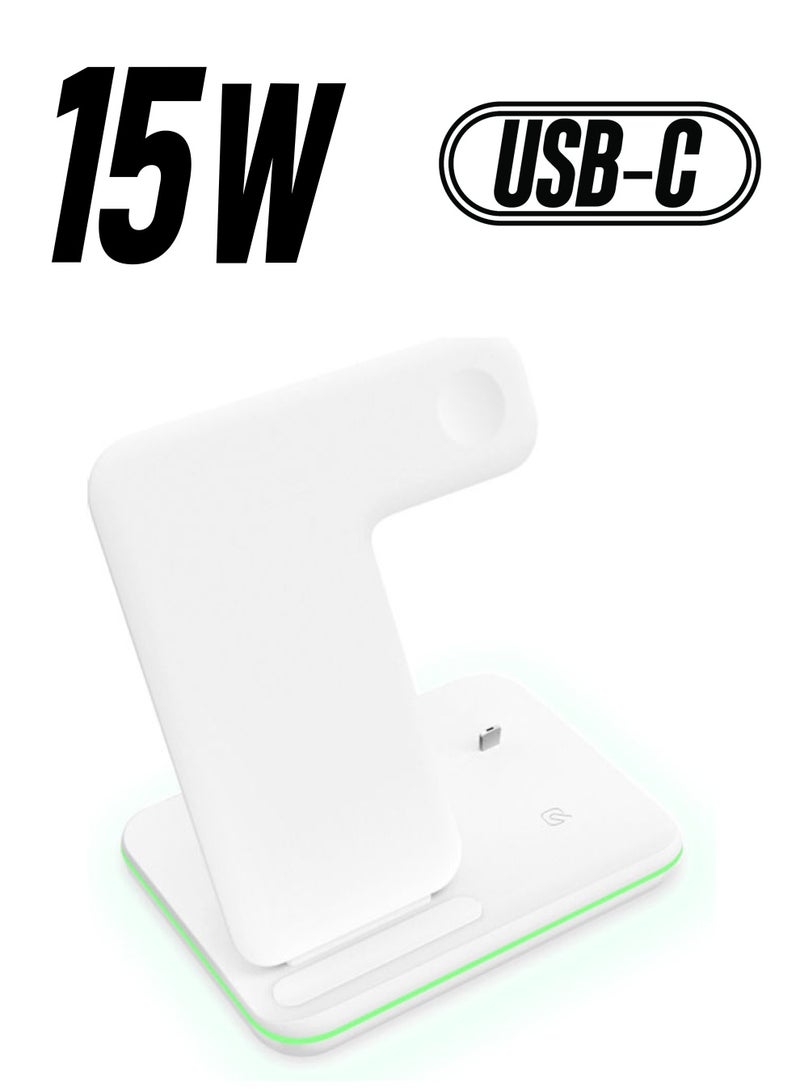 3 In 1 Wireless 15W Fast Charging Station Pad White - Image 1