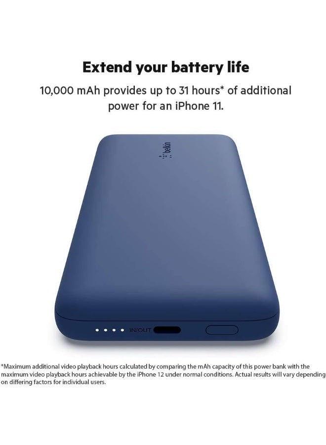 belkin - MFi Certified BoostCharge 10000mAh Power Bank wLightning  USB C Cables And USB C Charging Port  18W PD Fast Charger For Apple iPhone 1514 Or Older Google Samsung Huawei Macbook Pro iPadiPad Pro Blue/Black - Image 1