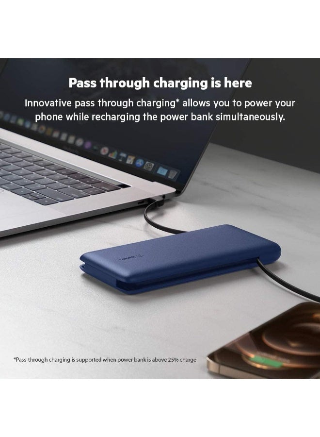 belkin - MFi Certified BoostCharge 10000mAh Power Bank wLightning  USB C Cables And USB C Charging Port  18W PD Fast Charger For Apple iPhone 1514 Or Older Google Samsung Huawei Macbook Pro iPadiPad Pro Blue/Black - Image 1