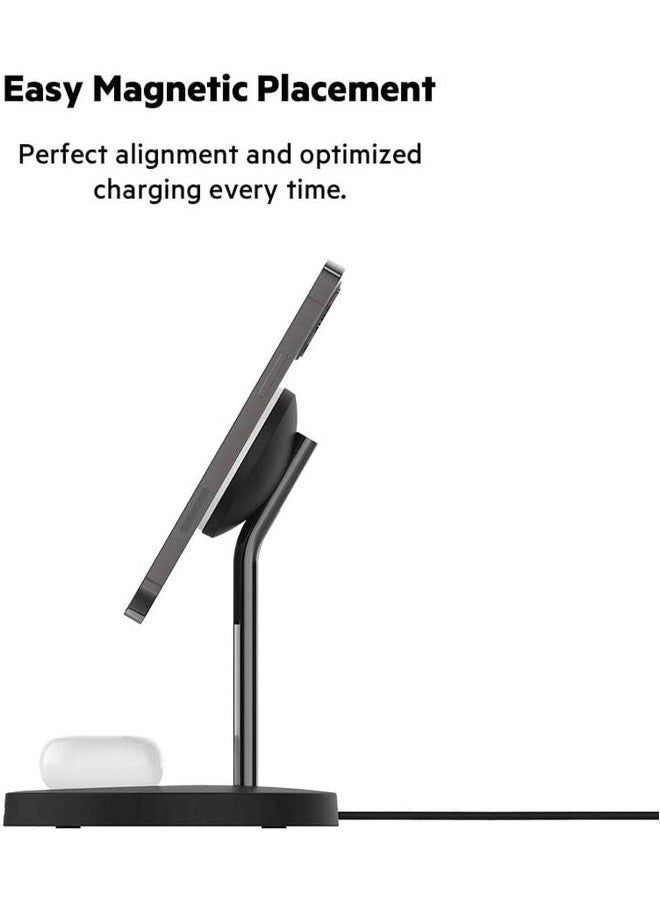 belkin - 2-in-1 iPhone Wireless Charger With Magsafe, 15W Fast Charging iPhone Charger Stand For iPhone 14, 13, 12 Series, Airpods And Other Magsafe Enabled Devices With Included Power Adapter Black/White - Image 1