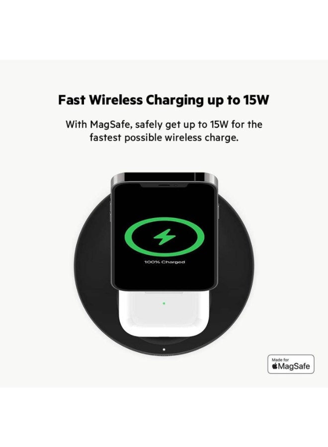 belkin - 2-in-1 iPhone Wireless Charger With Magsafe, 15W Fast Charging iPhone Charger Stand For iPhone 14, 13, 12 Series, Airpods And Other Magsafe Enabled Devices With Included Power Adapter Black/White - Image 1