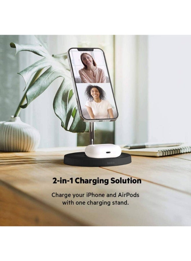 belkin - 2-in-1 iPhone Wireless Charger With Magsafe, 15W Fast Charging iPhone Charger Stand For iPhone 14, 13, 12 Series, Airpods And Other Magsafe Enabled Devices With Included Power Adapter Black/White - Image 1
