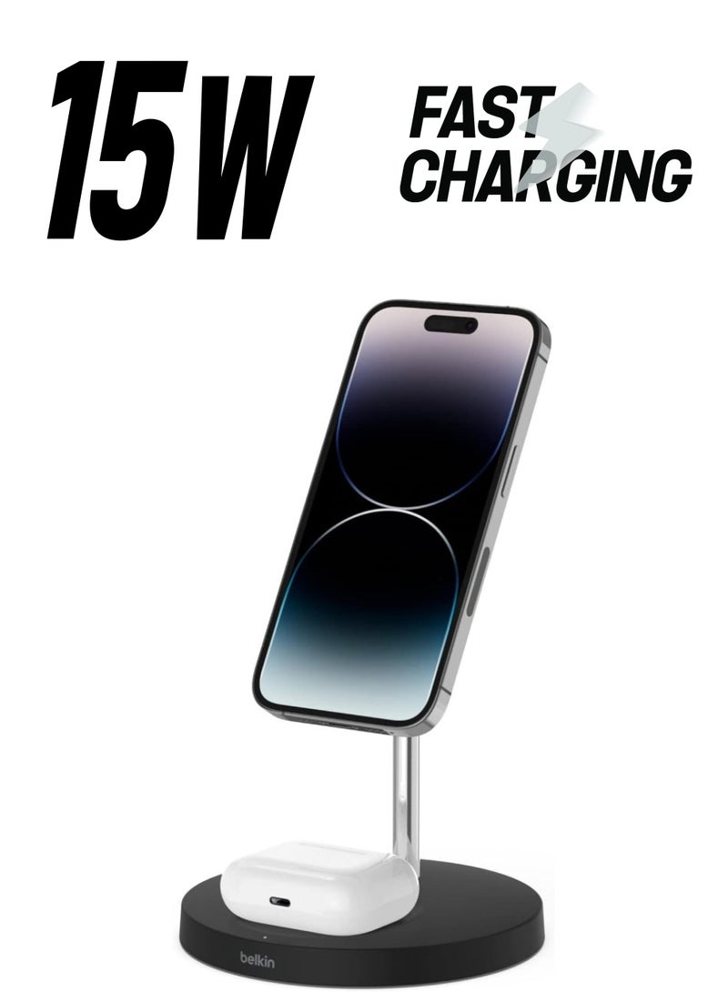 belkin - 2-in-1 iPhone Wireless Charger With Magsafe, 15W Fast Charging iPhone Charger Stand For iPhone 14, 13, 12 Series, Airpods And Other Magsafe Enabled Devices With Included Power Adapter Black/White - Image 1