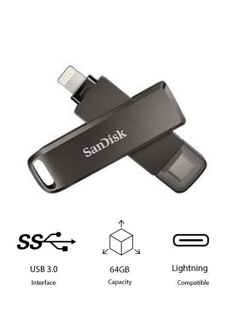 64 GB iXpand Flash Drive Luxe - USB-TypeC + Lightning - for iPhone, iPad, Mac,Read Speed 70 Gbps, devices including Android SDIX70N-064G-GN6NN 64 GB