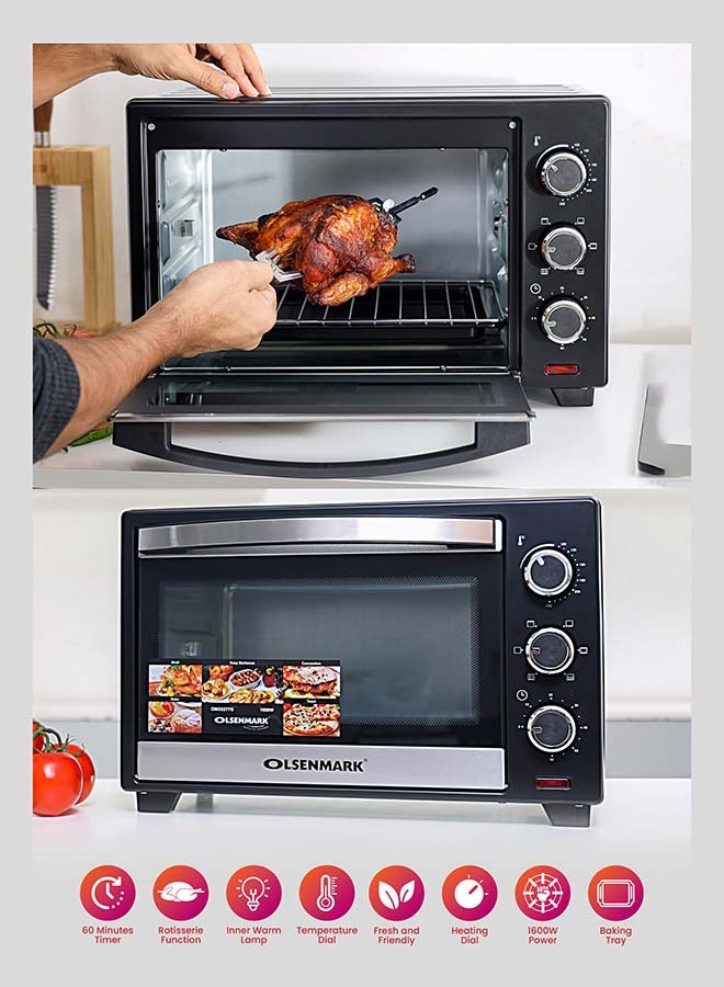 Olsenmark Electric Oven With Rotisserie Function, Bake Pan, Heat/ Temperature Dial, 6 Stages Heating And Temperature 100-250-Degrees Celsius/60 Minute Timer and Perfect For Grilling, Toasting & Roasting 25 L 1600 W OMO2277G Black - Image 5