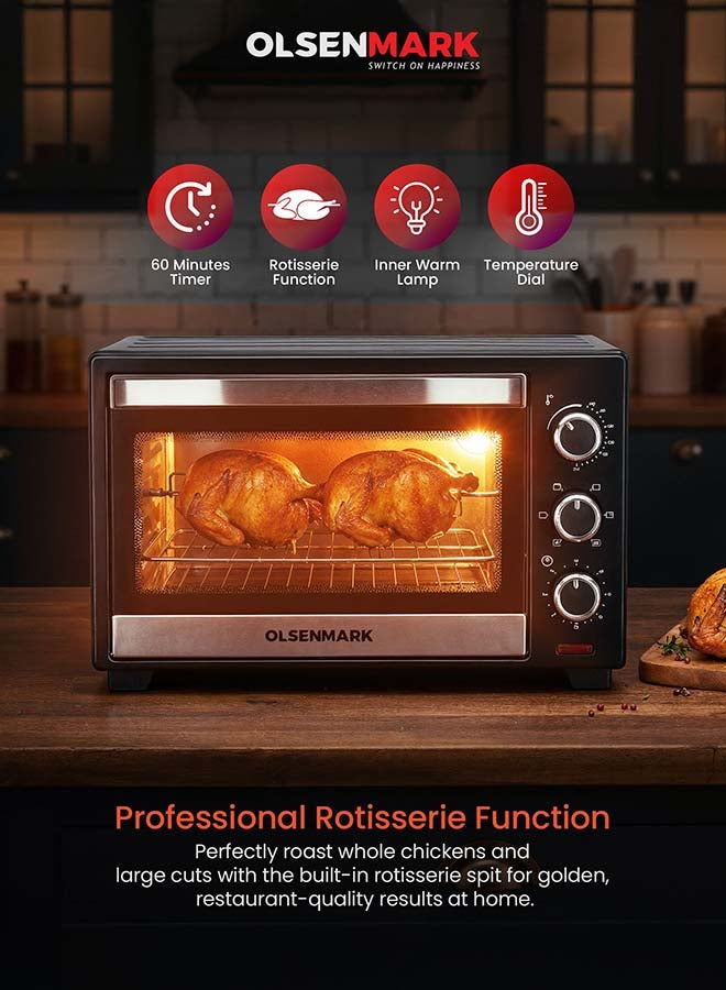 Olsenmark Electric Oven With Rotisserie Function, Bake Pan, Heat/ Temperature Dial, 6 Stages Heating And Temperature 100-250-Degrees Celsius/60 Minute Timer and Perfect For Grilling, Toasting & Roasting 25 L 1600 W OMO2277G Black - Image 2