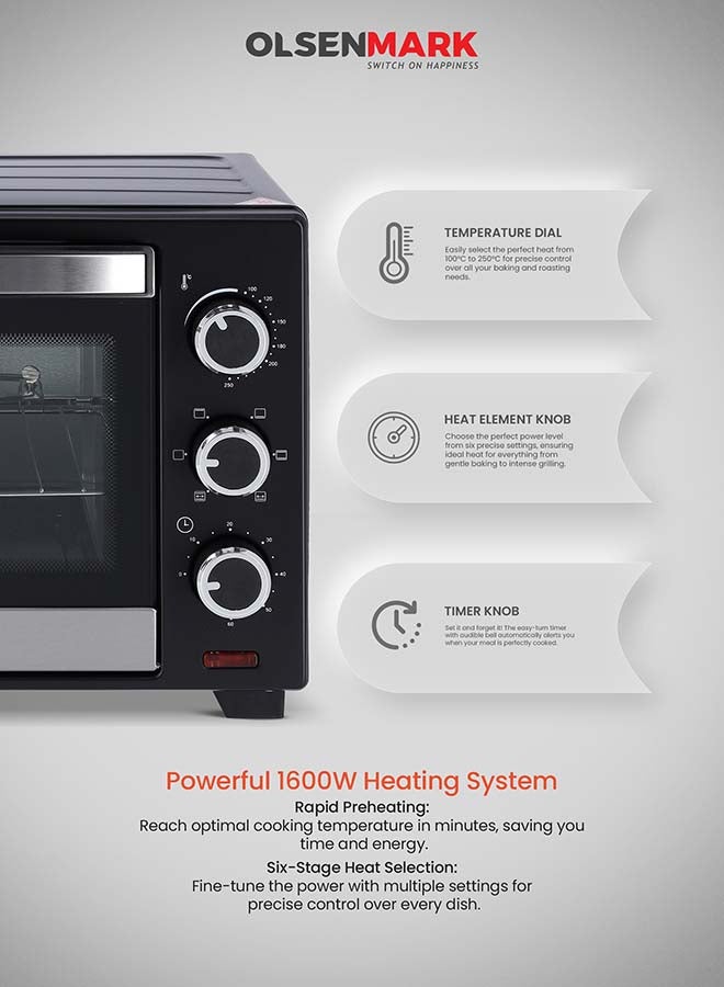 Olsenmark Electric Oven With Rotisserie Function, Bake Pan, Heat/ Temperature Dial, 6 Stages Heating And Temperature 100-250-Degrees Celsius/60 Minute Timer and Perfect For Grilling, Toasting & Roasting 25 L 1600 W OMO2277G Black - Image 4