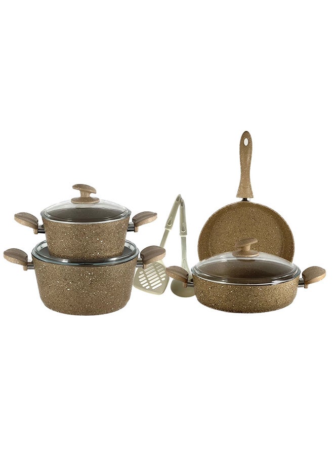 Homemaker 9-Piece Granite Cookware Set Includes 1xScoop, 1xSpoon, 2xDeep Pot 20+24 cm, Low Pot 26 cm, Fry Pan Brown/Clear 26cm - Image 1