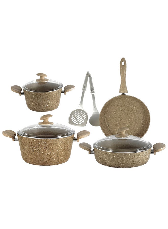 Homemaker 9-Piece Granite Cookware Set Includes 1xScoop, 1xSpoon, 2xDeep Pot 20+24 cm, Low Pot 26 cm, Fry Pan Brown/Clear 26cm - Image 3