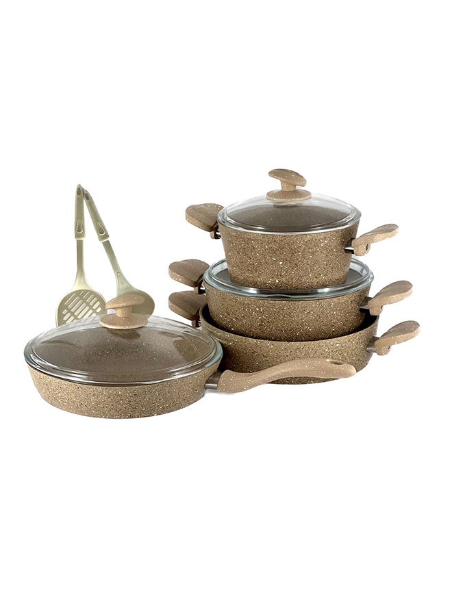 Homemaker 9-Piece Granite Cookware Set Includes 1xScoop, 1xSpoon, 2xDeep Pot 20+24 cm, Low Pot 26 cm, Fry Pan Brown/Clear 26cm - Image 4