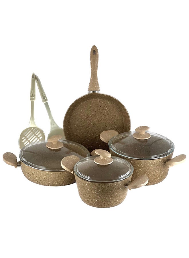 Homemaker 9-Piece Granite Cookware Set Includes 1xScoop, 1xSpoon, 2xDeep Pot 20+24 cm, Low Pot 26 cm, Fry Pan Brown/Clear 26cm - Image 2