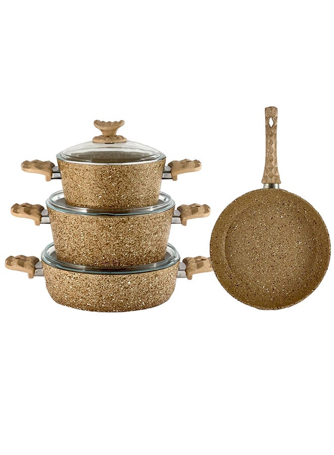 Homemaker 7-Pieces Nature Granitec Cookware Set - Non-Stick Surface - Bakelite Handles & Knobs - PFOA Free - Includes 20cm / 2.8 Lt Deep Pot, 24cm / 4.35 Lt Deep Pot, 26cm / 5 Lt Low Pot, 26cm /3.5 Lt Frypan, Tempered Glass Lids Light Brown 20cm - Image 2