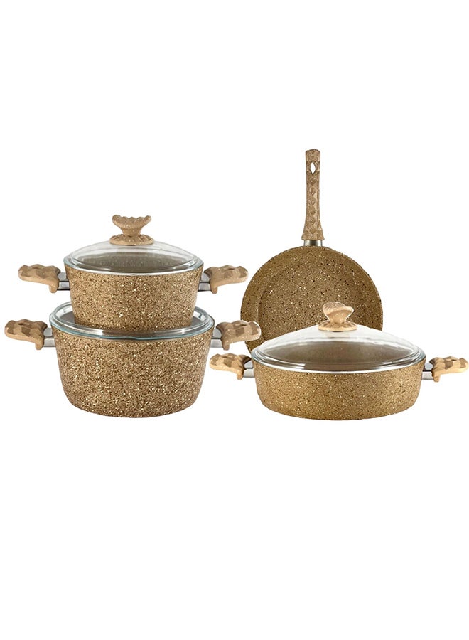 Homemaker 7-Pieces Nature Granitec Cookware Set - Non-Stick Surface - Bakelite Handles & Knobs - PFOA Free - Includes 20cm / 2.8 Lt Deep Pot, 24cm / 4.35 Lt Deep Pot, 26cm / 5 Lt Low Pot, 26cm /3.5 Lt Frypan, Tempered Glass Lids Light Brown 20cm - Image 1