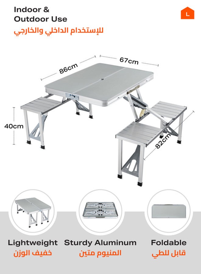LAWAZIM - Aluminum Foldable Table Set with Chairs - Silver - Lightweight Portable Fold-Up Card Suitcase Table with Seats Chairs, Umbrella Hole, Easy Setup for Camping, Beach, Outdoor, Backyard Use Silver/Black - Image 1