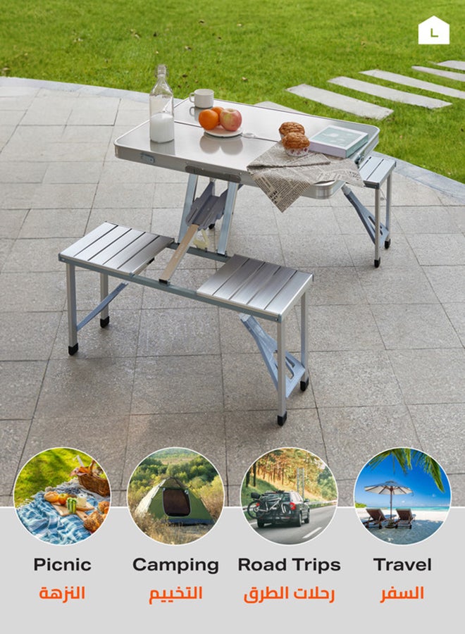 Aluminum Foldable Table Set with Chairs - Silver - Lightweight Portable Fold-Up Card Suitcase Table with Seats Chairs, Umbrella Hole, Easy Setup for Camping, Beach, Outdoor, Backyard Use Silver/Black - pnsku/N46220437A/45/_/1740490506/3777b3ce-2330-4f73-8a5e-63f39cad159a