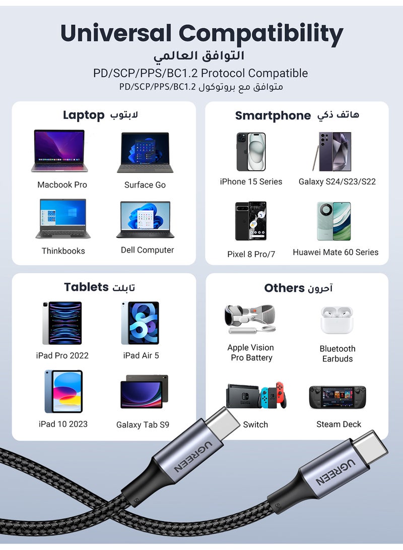 مجموعة كابل USB C من قطعتين بطول مترين، مضفر بقدرة 100 وات وشحن سريع بتقنية PD وجهد 20 فولت وشدة تيار 5 أمبير، من USB C إلى USB C متوافق مع آي باد برو مقاس 12.9 بوصة / ميني 6، ماك بوك برو 2021 / ماك بوك آير، سامسونج +S21 أسود
