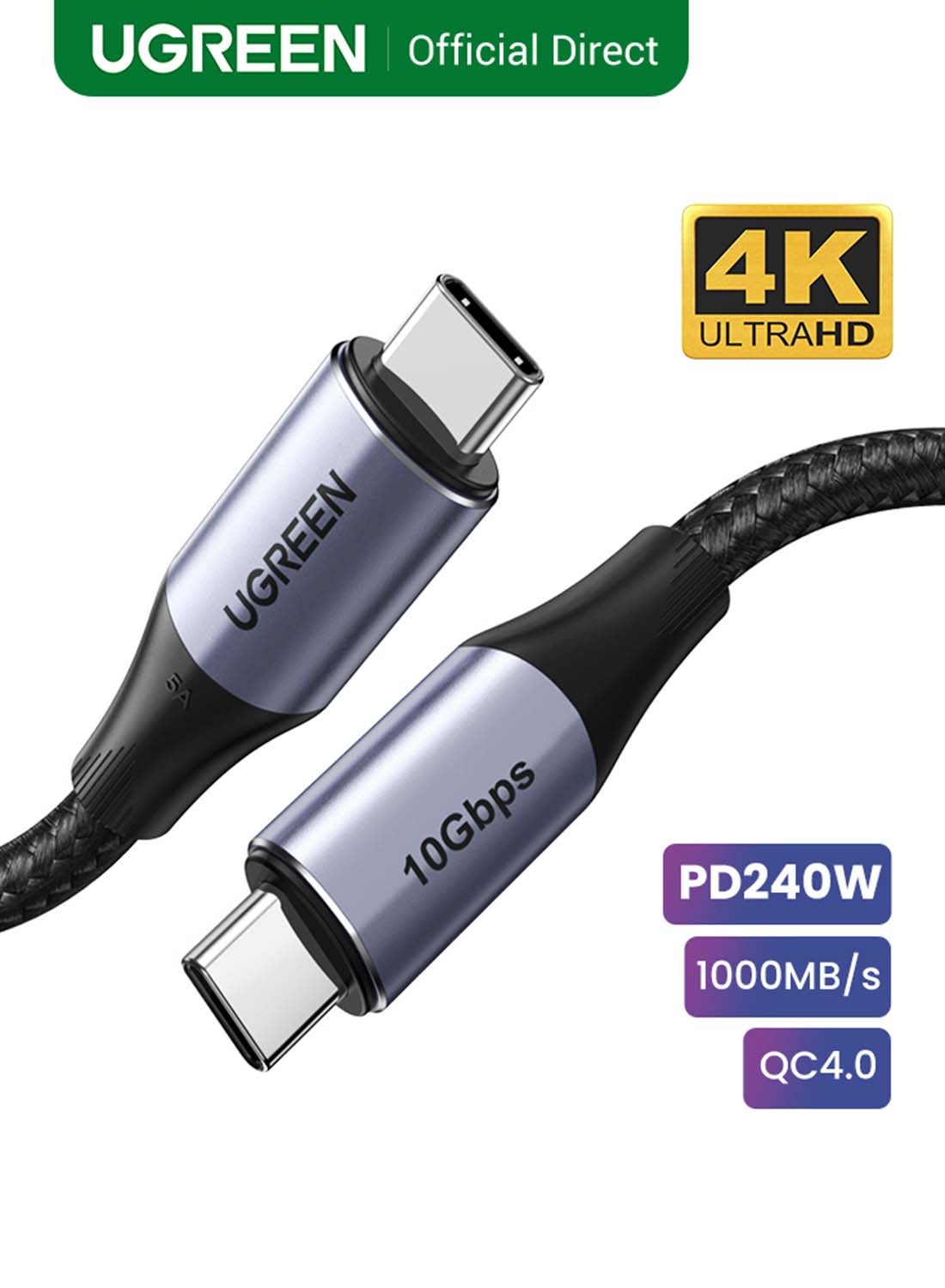 يو جرين كبيل USB C ب140واط  1متر تايب سي Gbps10 لنقل البيانات 4K@60 هرتز  الفيديو اخراج USB C 3.1 Gen 2 لسلسلة ايفون 15 برو ماكس، ولابتوب، وايباد، وماك بوك برو/اير، وجالاكسيS23 اس 22، وهواوي، شاومى PS5,TV أسود 