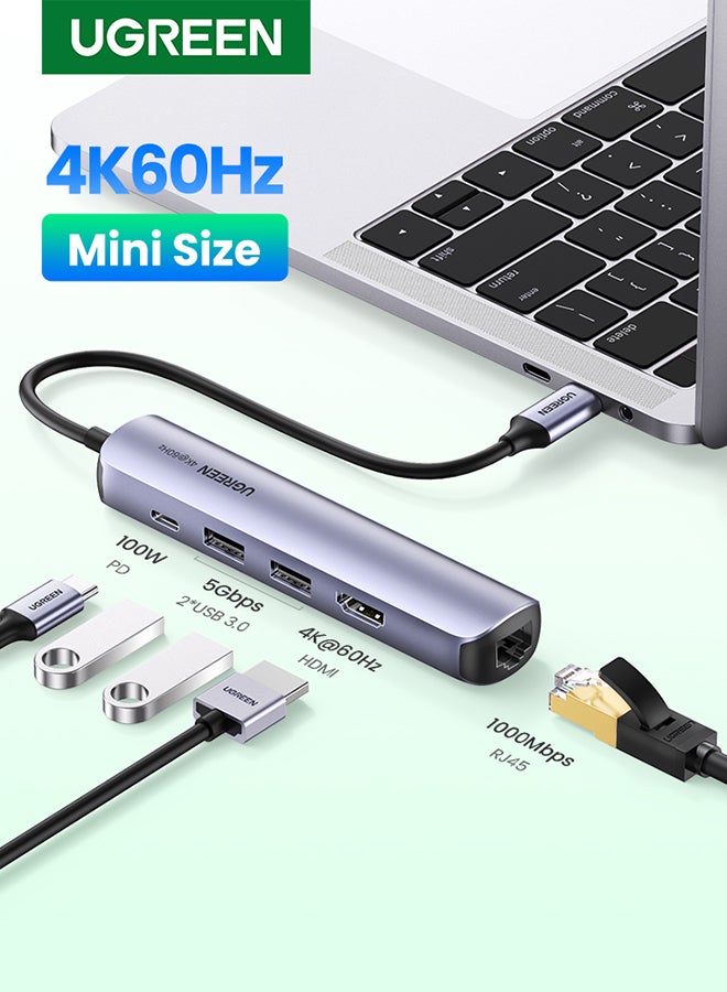 Ugreen - USB C Hub 5 in 1 Type C Adapter With Ethernet Multiport Converter With 4K HDMI RJ45 Ethernet 2 USB Ports PD Charging For MacBook Pro Air M3 M2 M1 iPad Pro M4 iPhone 16 15 Pro Max Lenovo Dell HP Silver - Image 1